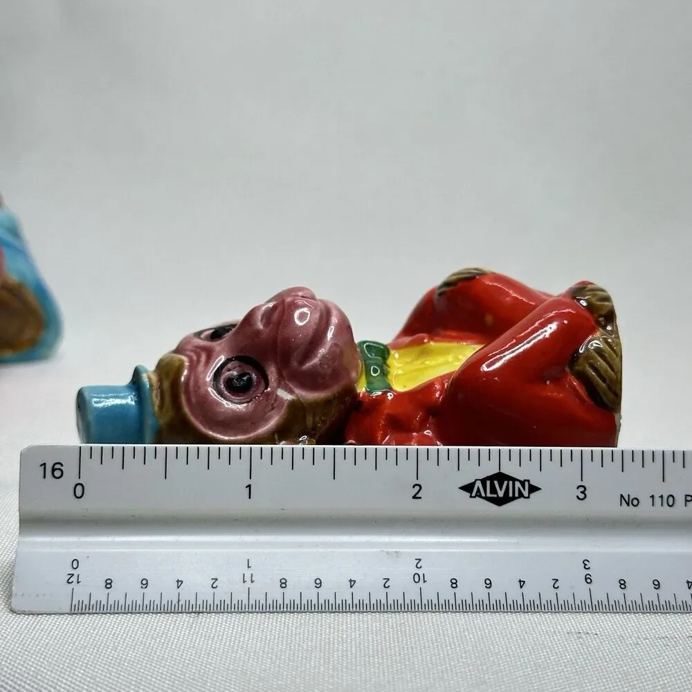 Vintage Japan Monkey Salt Pepper Shakers Ceramic Bonnet & Top Hat Pair Corks